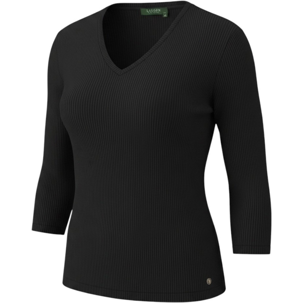 Lauren Ralph Lauren Black Ribbed V-Neck‎ 3/4 Sleeve Cotton Blend Sweater XL